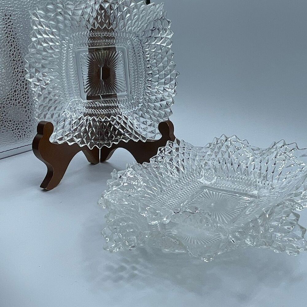Vintage Indiana Clear Glass Diamond Point Square dish. Relish candy charcuterie.